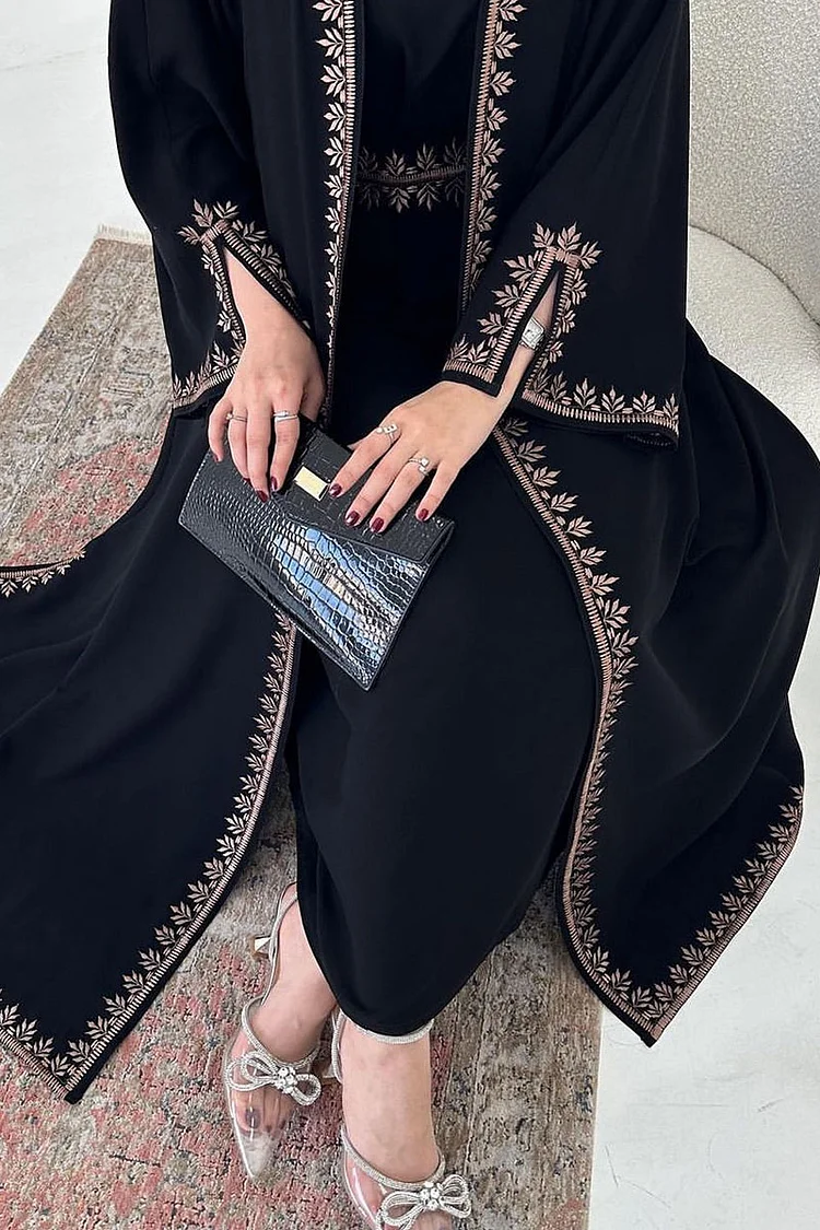 Leaf Print Slit Long Sleeve Abaya Midi Dresses Matching Set [Pre Order]