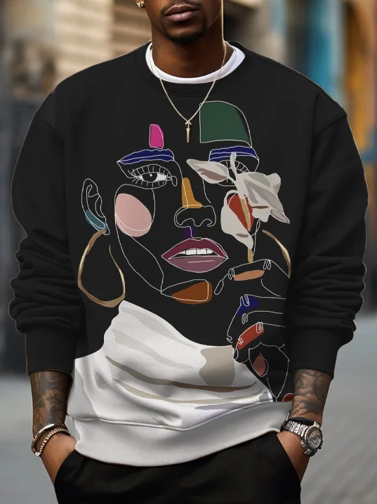 Men's Black Woman Abstract Painting Print Casual Sweatshirt