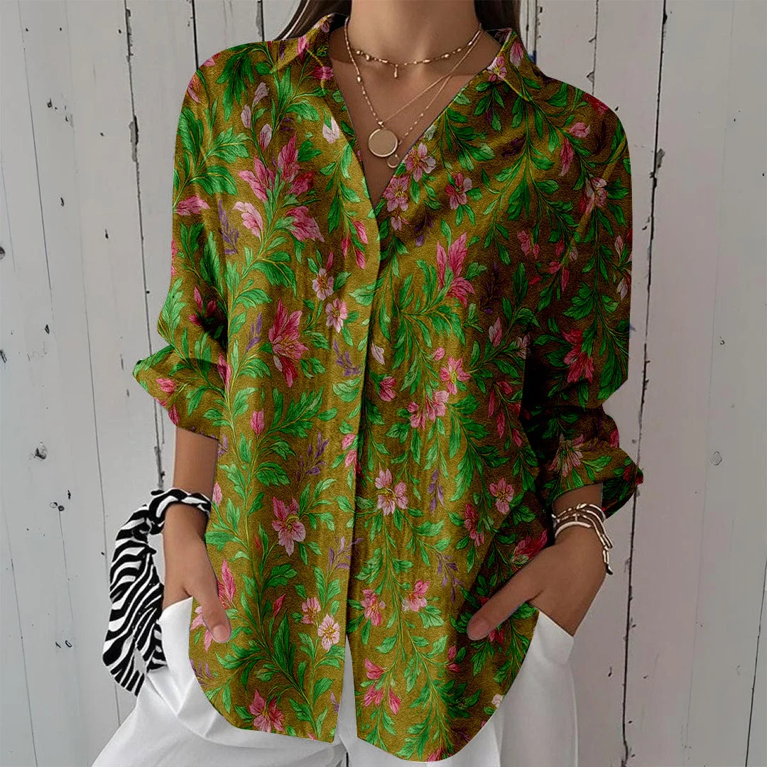 Style & Comfort for Mature Women Women Splashed, Green, Pink DZCL0387 3/4 Sleeve Shirt Collar Printed Button Tops