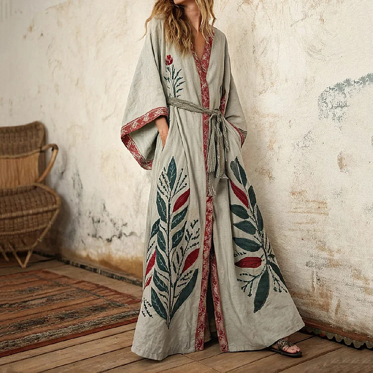Utbros Women's Floral And Tree Art Linen V-neck Robe
