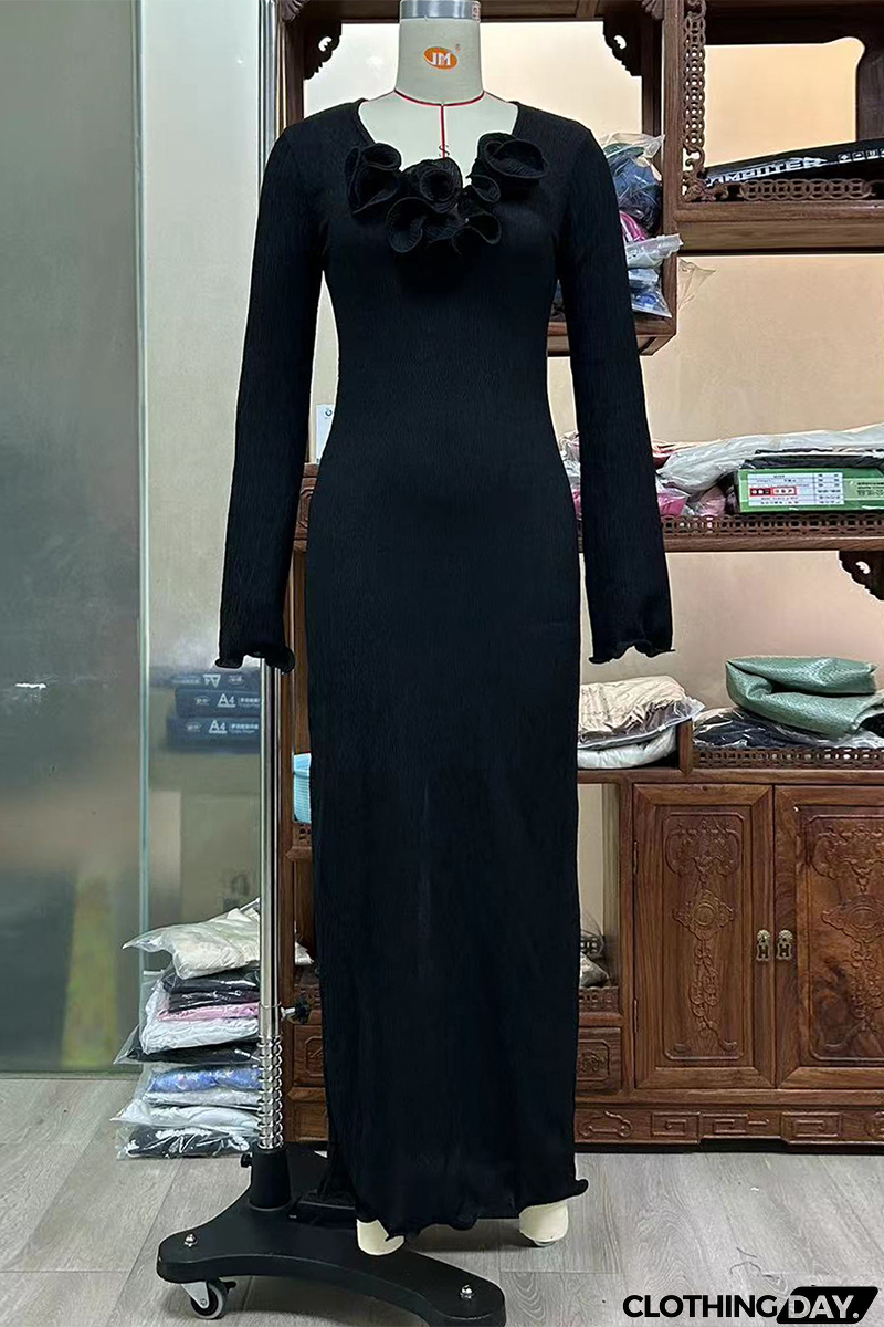 Sexy Solid Color Slit Flower Shape V Neck Long Sleeve Dresses