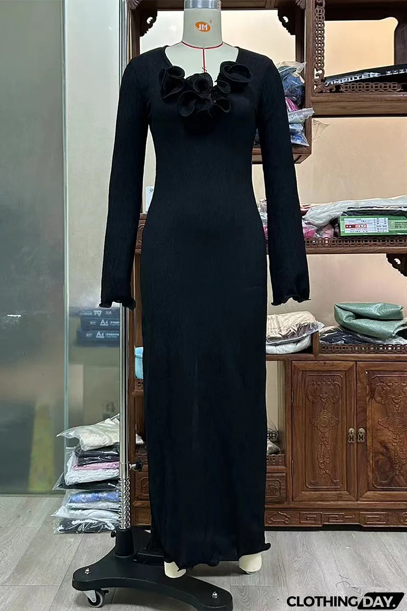 Sexy Solid Color Slit Flower Shape V Neck Long Sleeve Dresses