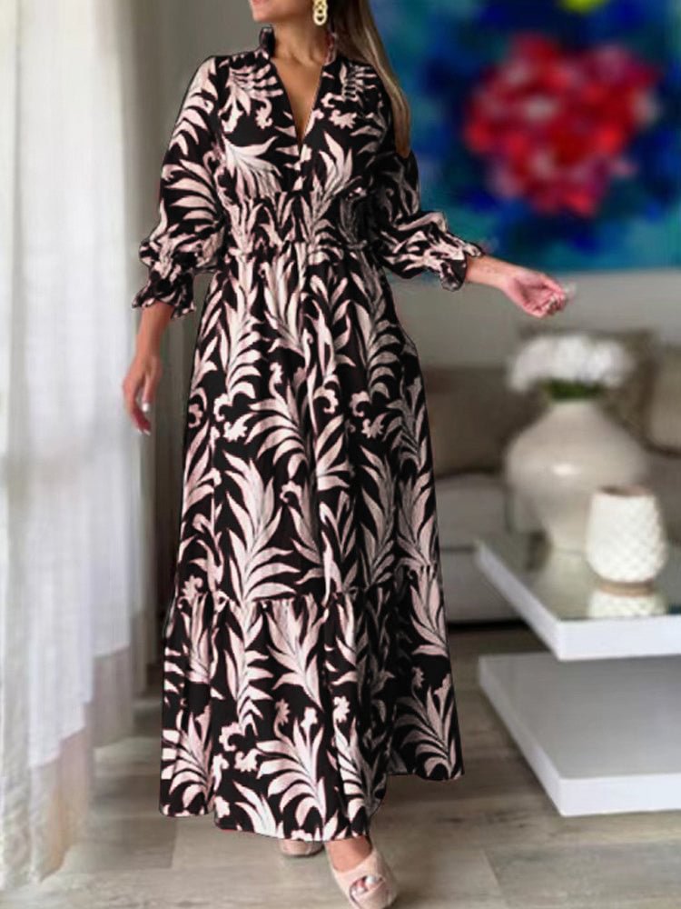 Women's Long Sleeve V-neck Floral Printed Maxi Dress
