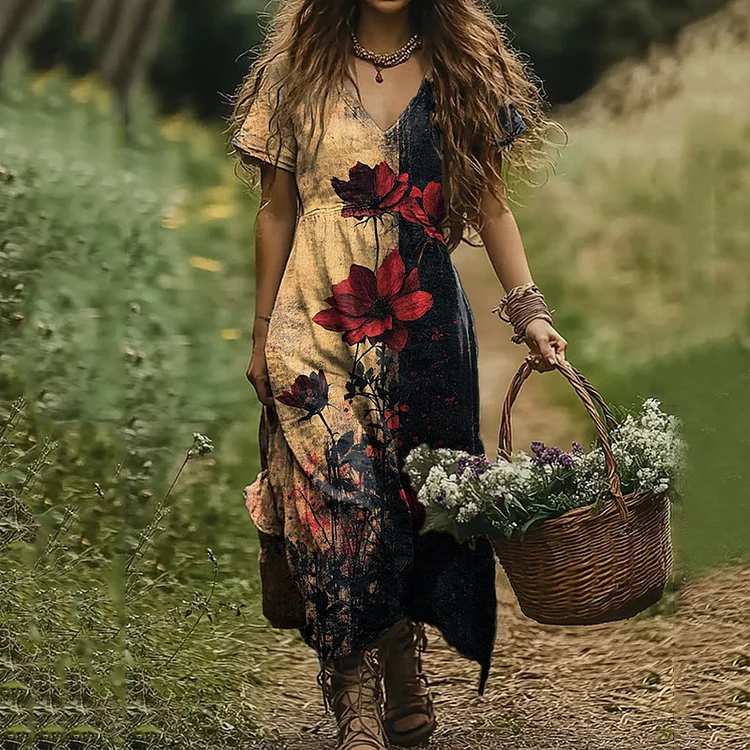 Women's Retro Rose Flower Art Print V-neck Linen Blend Midi Dress