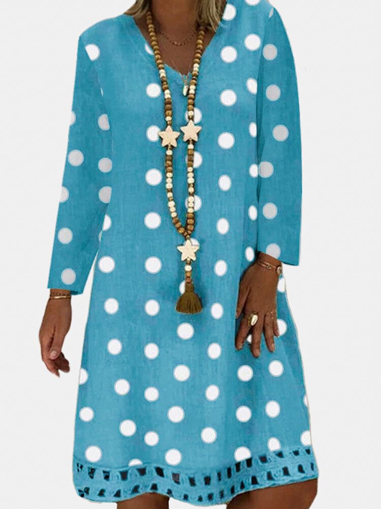 Polka Dot Printed V-neck Long Sleeve Midi Dress - Shop Trendy Women's Fashion | TeeYours