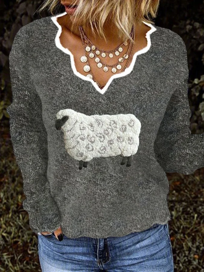 Women's Cute Plush Sheep Pattern Print V-Neck Knit Top