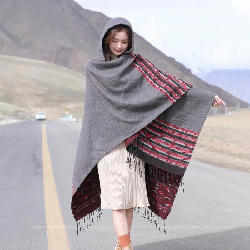 Ethnic Style Hooded Shawl Cloak Lijiang Xinjiang Tibet Northwest Tourism Wear Photograph Warm Outer Cape