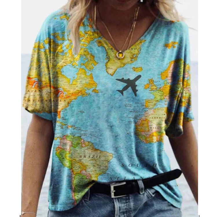 Fashion Casual Map Print T-shirt