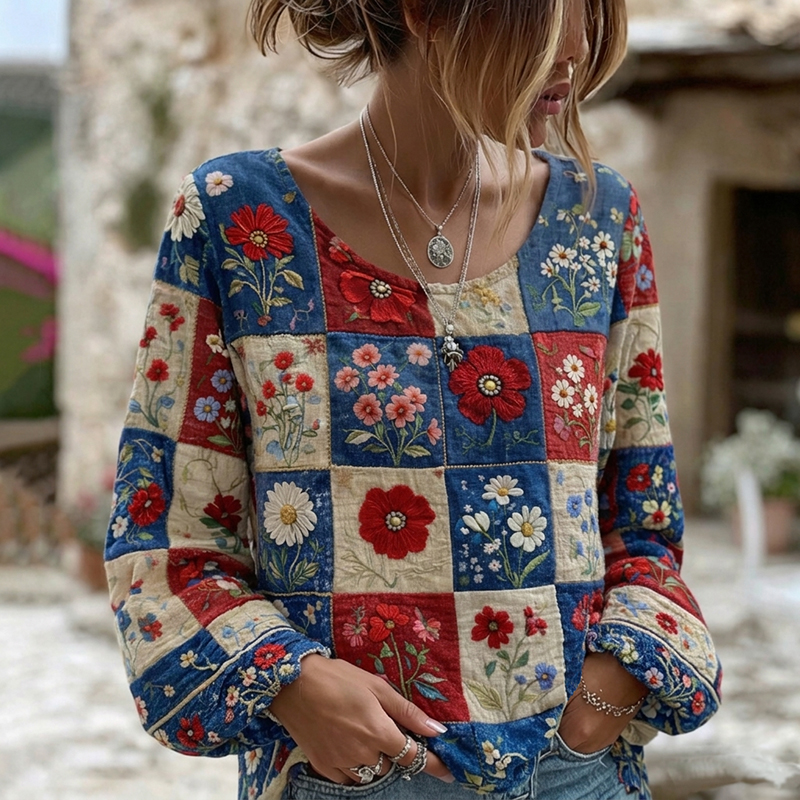  Women's Independent Floral Patchwork Art Crew Neck Linen Blend T-shirt Westsshops