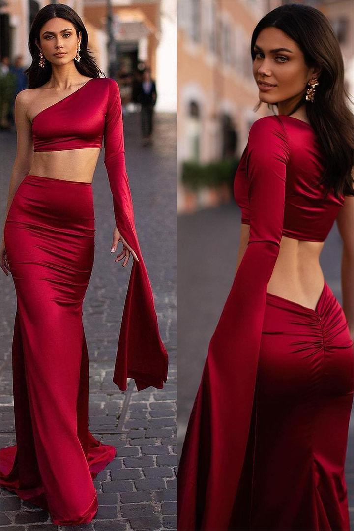 Oknass Red Two Pieces One Shoulder Long Sleeve Mermaid Long Prom Dress 
