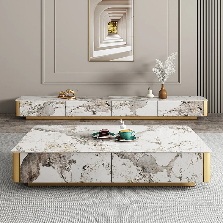 Homemys White Modern Square Coffee Table With Drawer Sintered Stone Table Top With Metal Legs