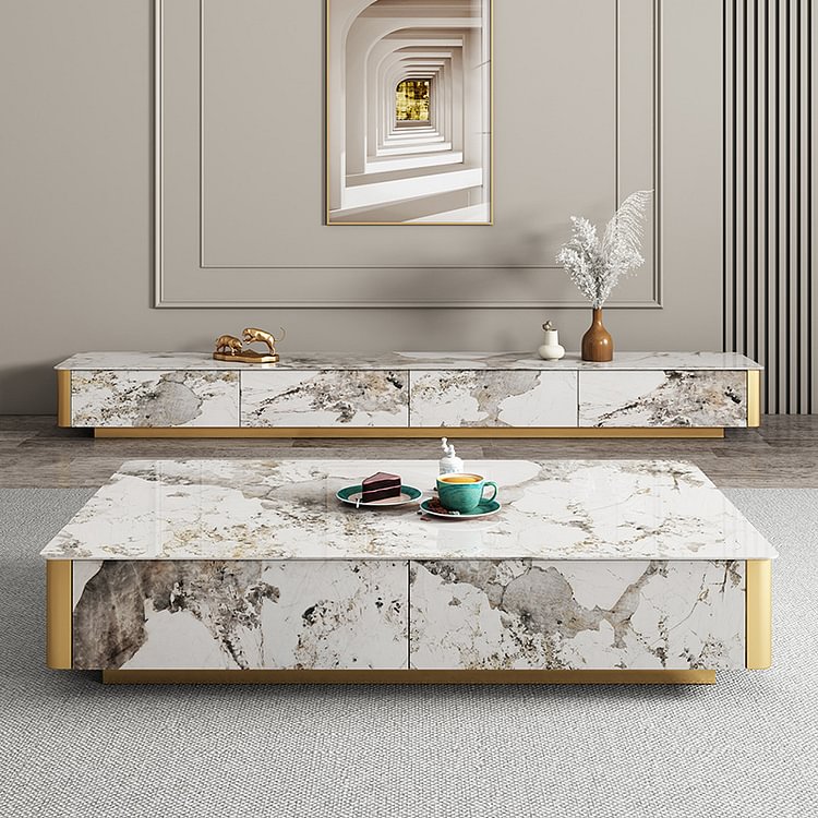 Homemys White Modern Square Coffee Table With Drawer Sintered Stone Table Top With Metal Legs