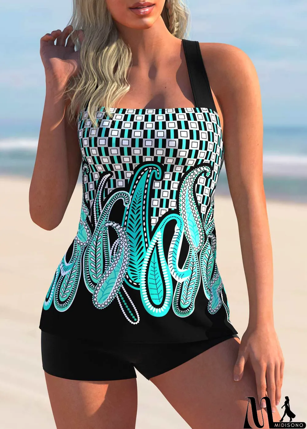 MidiSono - Plus Size Swimwear Sleeveless Floral Printed Geometric Tankini