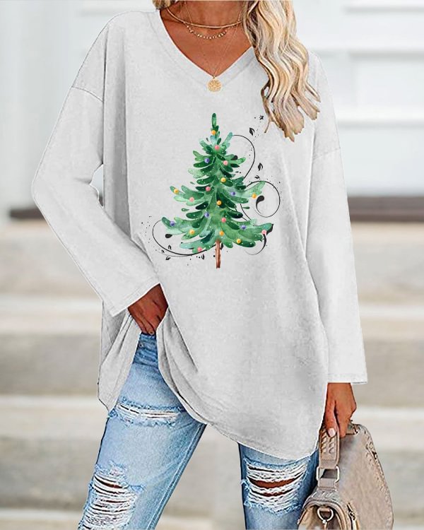 Women's Merry And Bright Christmas Tree🎄 Print Casual Long-Sleeve T-Shirt