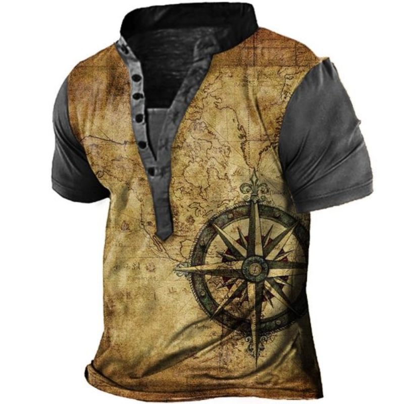 Men's Vintage World Map Compass Print Henley T-Shirt