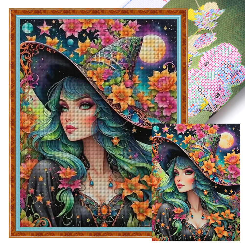 Green Hair Flower Witch Full 11CT Pre-stamped Canvas(45*60cm) Cross Stitch