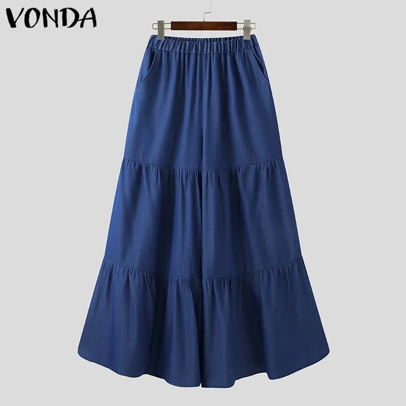 Casual Women Demin Wide Leg Pants 2022 VONDA Vintage Solid Color Elastic Waist Pleated Pants With Pockets Female Long Trousers