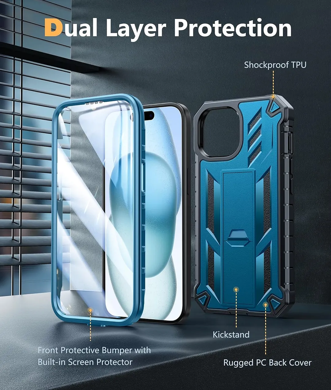 ProCaseMall iPhone 15 Phone Case Military Grade Shockproof Full Protection Hard Phonecase with Kickstand Blue
