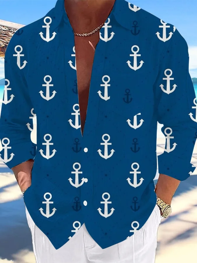 Men's Nautical Design Printed Lapel Pocket Casual Shirt