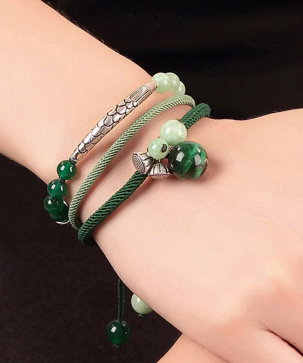 Handmade Green Sterling Silver Jade Agate Cat's Eye Stone Charm Bracelet