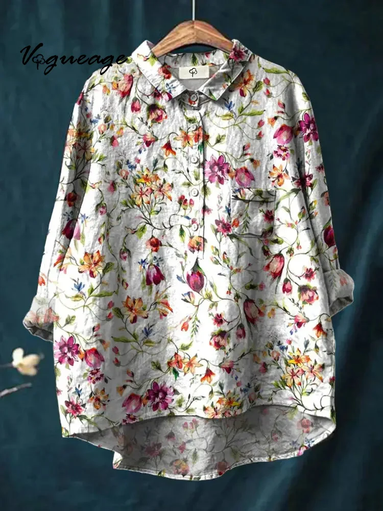 Colorful Flowers Print Cotton And Linen  Elegant Shirt