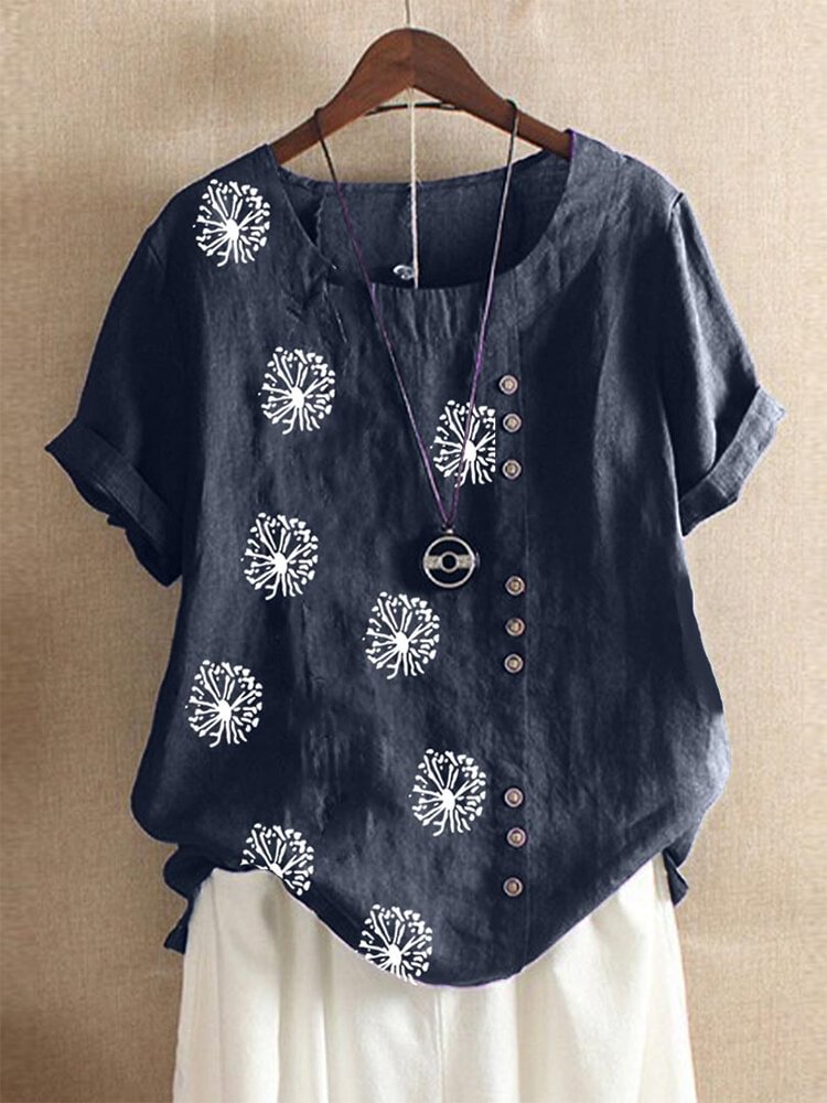 Floral Printed Short Sleeve O Neck Button T shirt P1685365