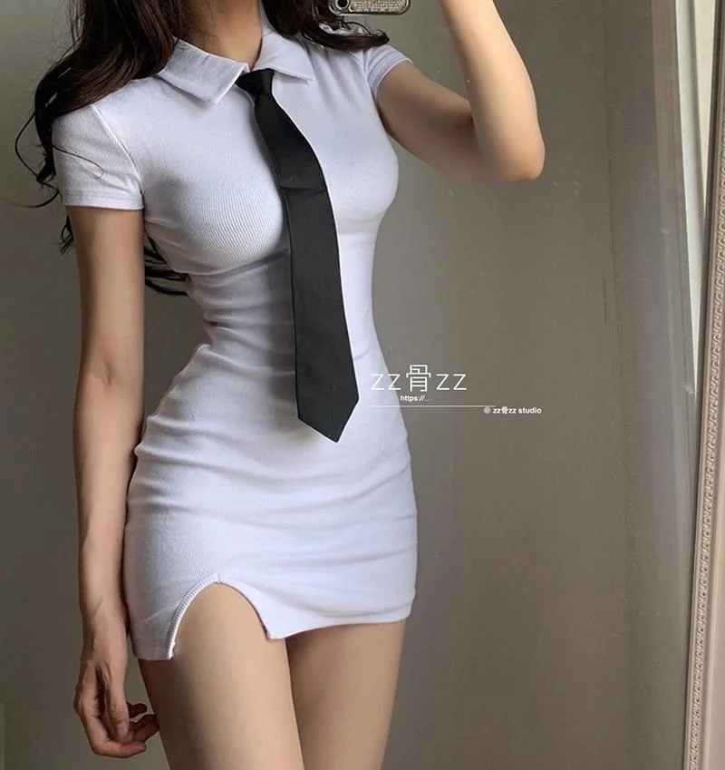 WOMENGAGA Y2K Side Split Elegant Casual Fashion Necktie T Shirt Mini  Women Party Dress Korean Student Dresses Gothic I8VR