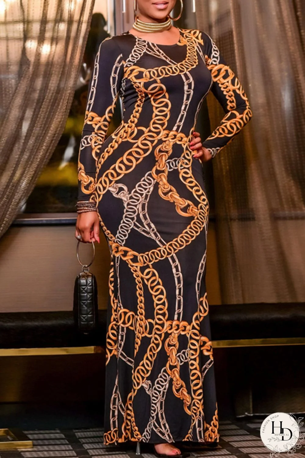 Black Fashion Sexy Print Hollowed Out O Neck Long Sleeve Dresses