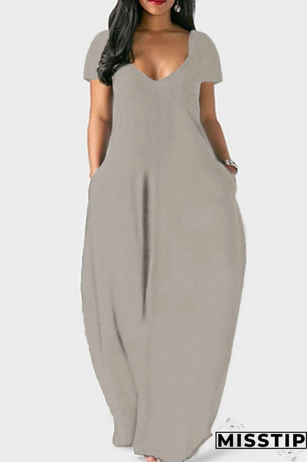 Grey Casual Solid Patchwork Pocket V Neck Short Sleeve Dress Dresses