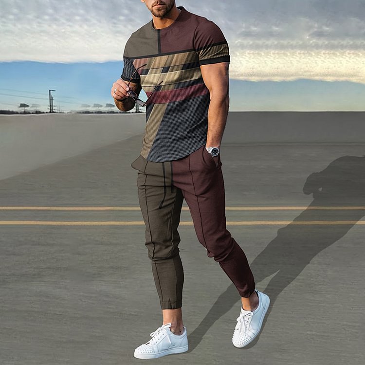 Casual Stitching Plaid T-Shirt And Pants