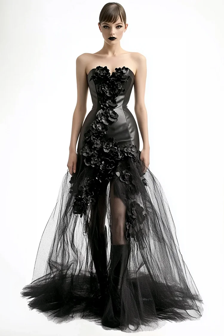 PU Leather Strapless 3D Floral Mesh Maxi Dress-Black [Custom-Made]