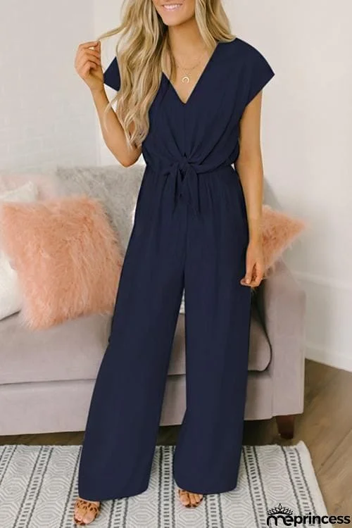 V Neck Knot Short Sleeve Jumpsuit