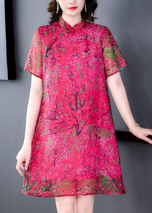 VCSHOES Rose Stand Collar Print Silk Mid Dress Summer