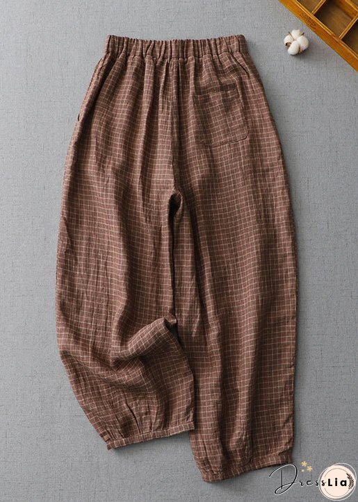 Plus Size Plaid Pockets Elastic Waist Linen Crop Pants Summer