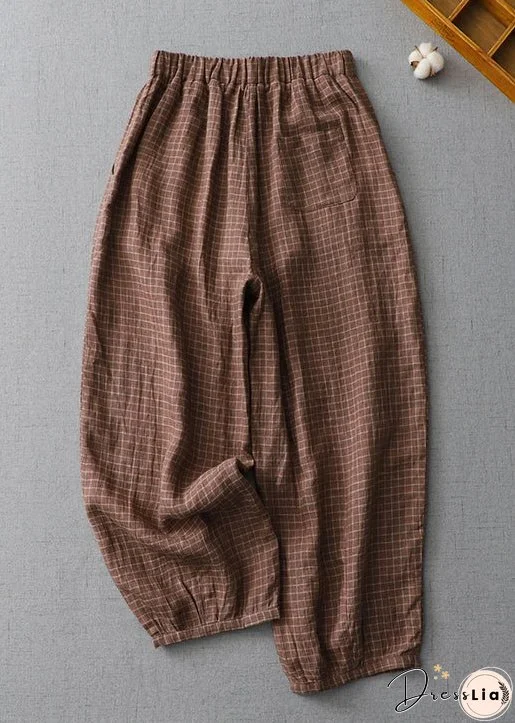 Plus Size Plaid Pockets Elastic Waist Linen Crop Pants Summer