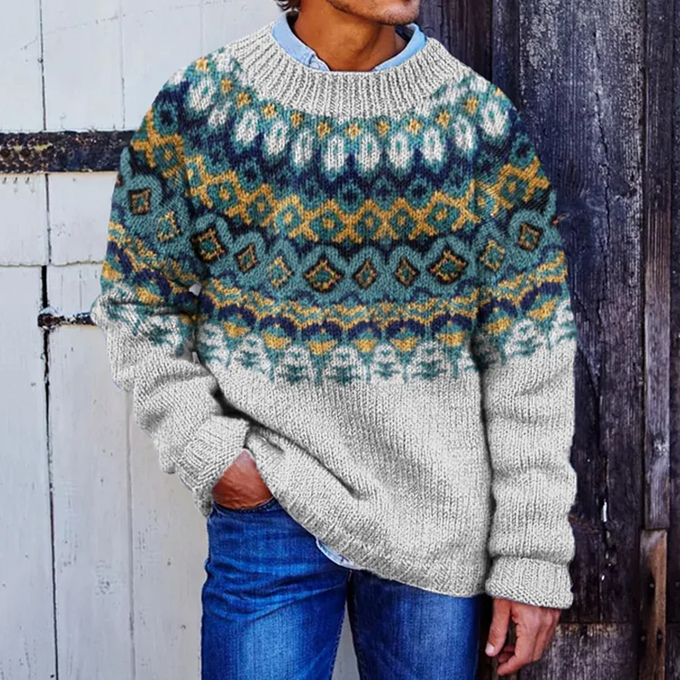 Men's Jacquard Icelandic Pattern Cozy Knit Sweater