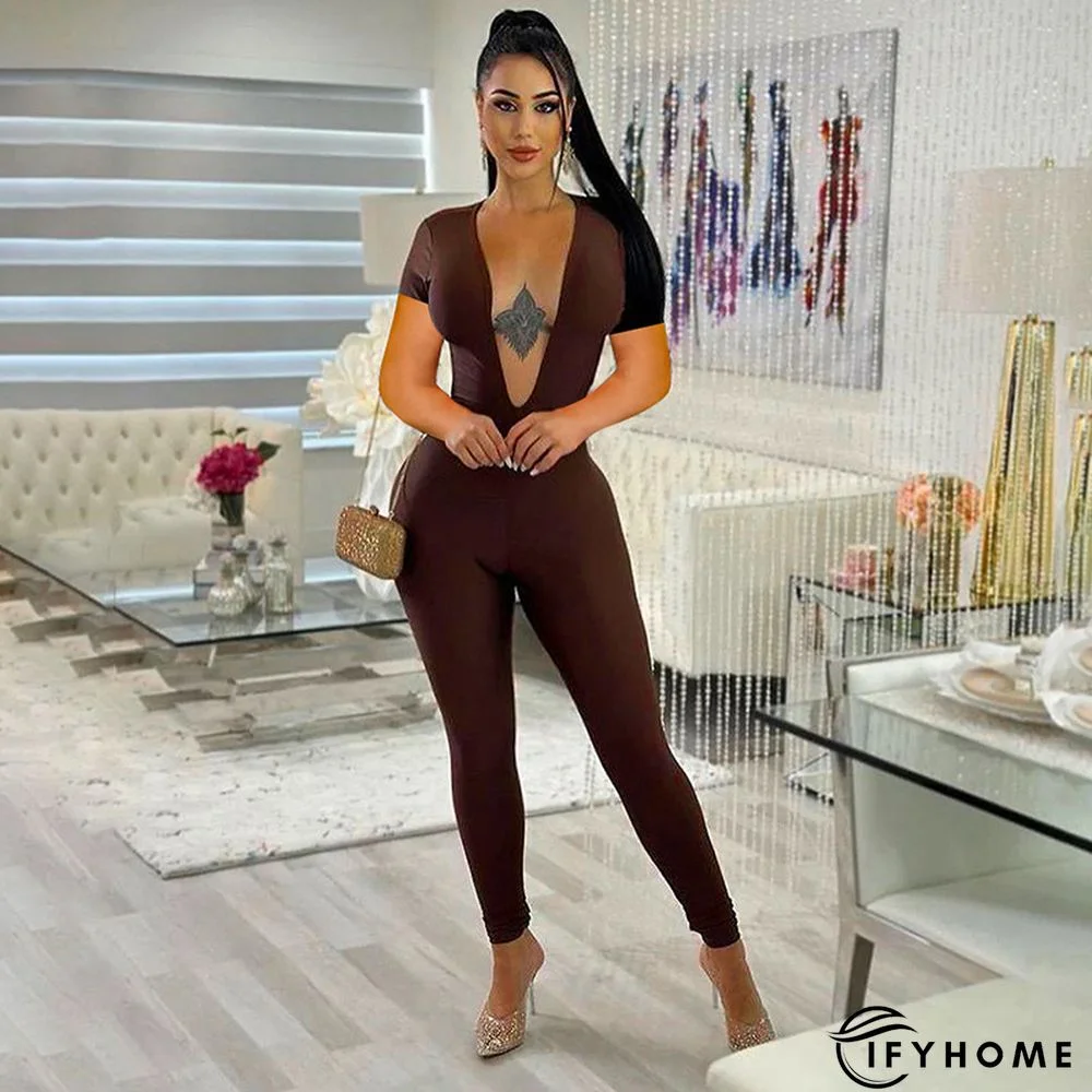 New Street Sexy Tight Deep V Backless Short-sleeved Jumpsuit | IFYHOME