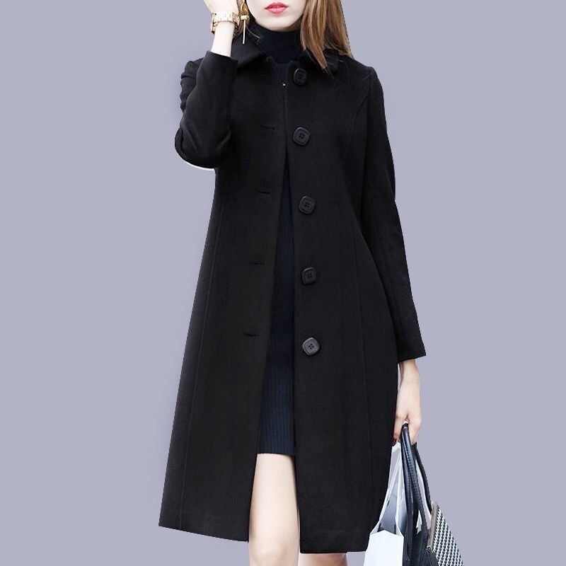 Christmas Warm Overcoat Autumn Winter Woolen Coat Female Mid-Long 2021 Fashion Single Breasted Casual Women's Slim Woolen Coats