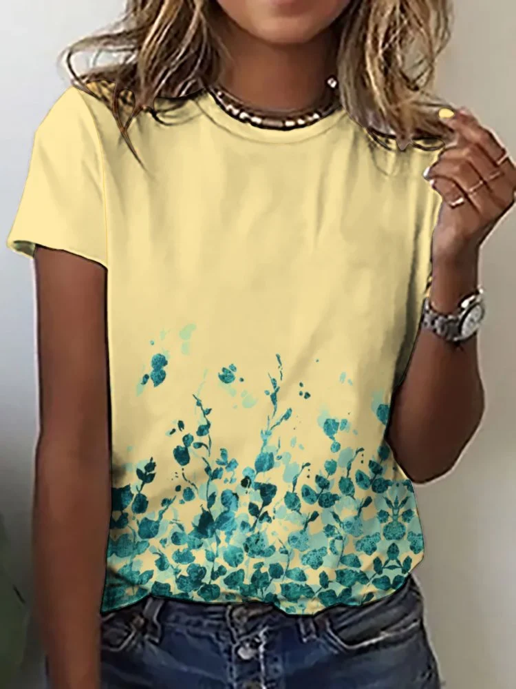 Printed Short Sleeve Casual T-shirt for  Women and Men Unisex Pattern Blue,Yellow,Floral