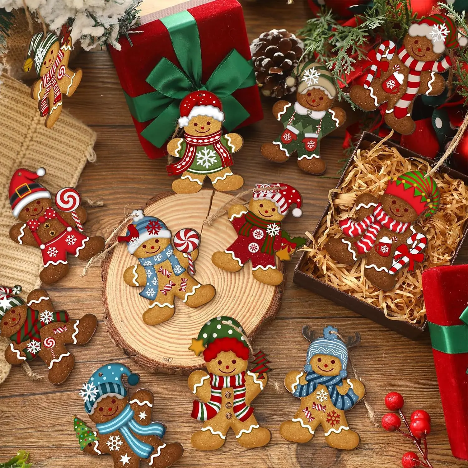 Tegooe 12PCS Wooden Gingerbread Man Christmas Tree Hanging Ornaments - Mixed Styles