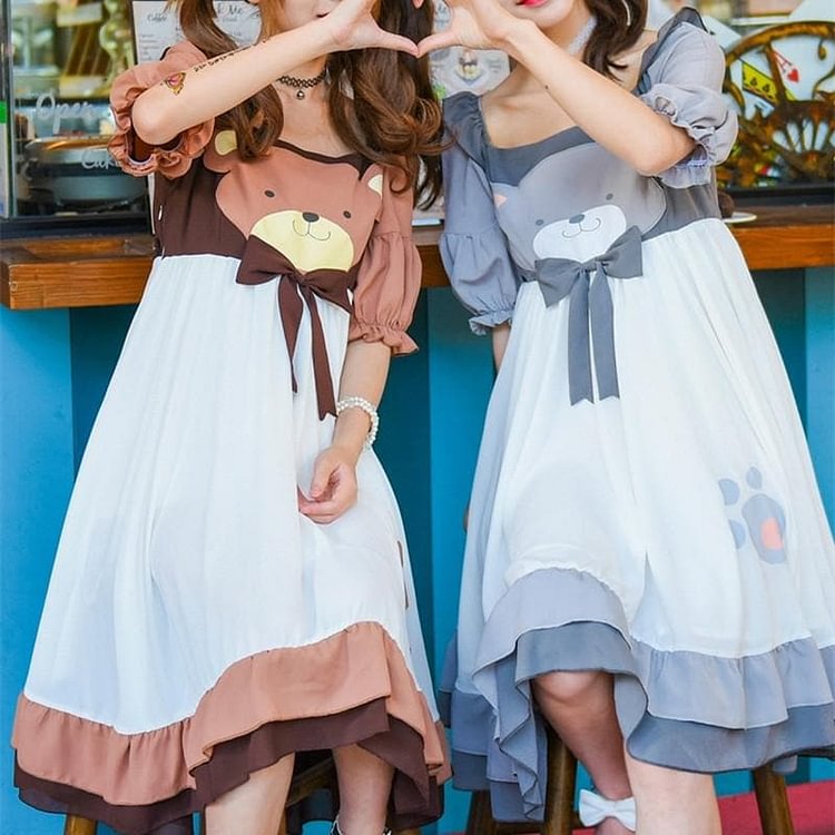 S-L Grey/Light Brown Kawaii Bear Dress SP179870