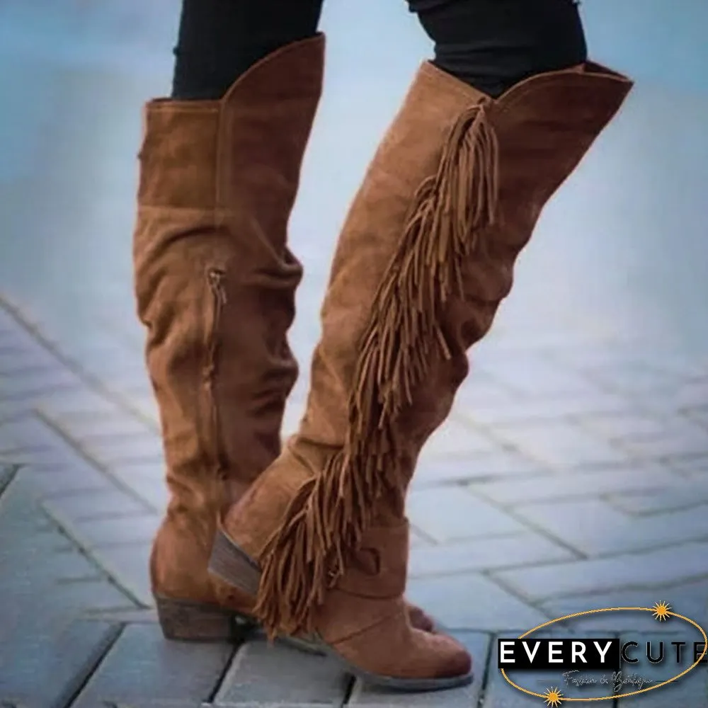 Suede Long Boots Women Over Knee Vintage Botas Chunky Heel Side-zipper Round Toe Tassel