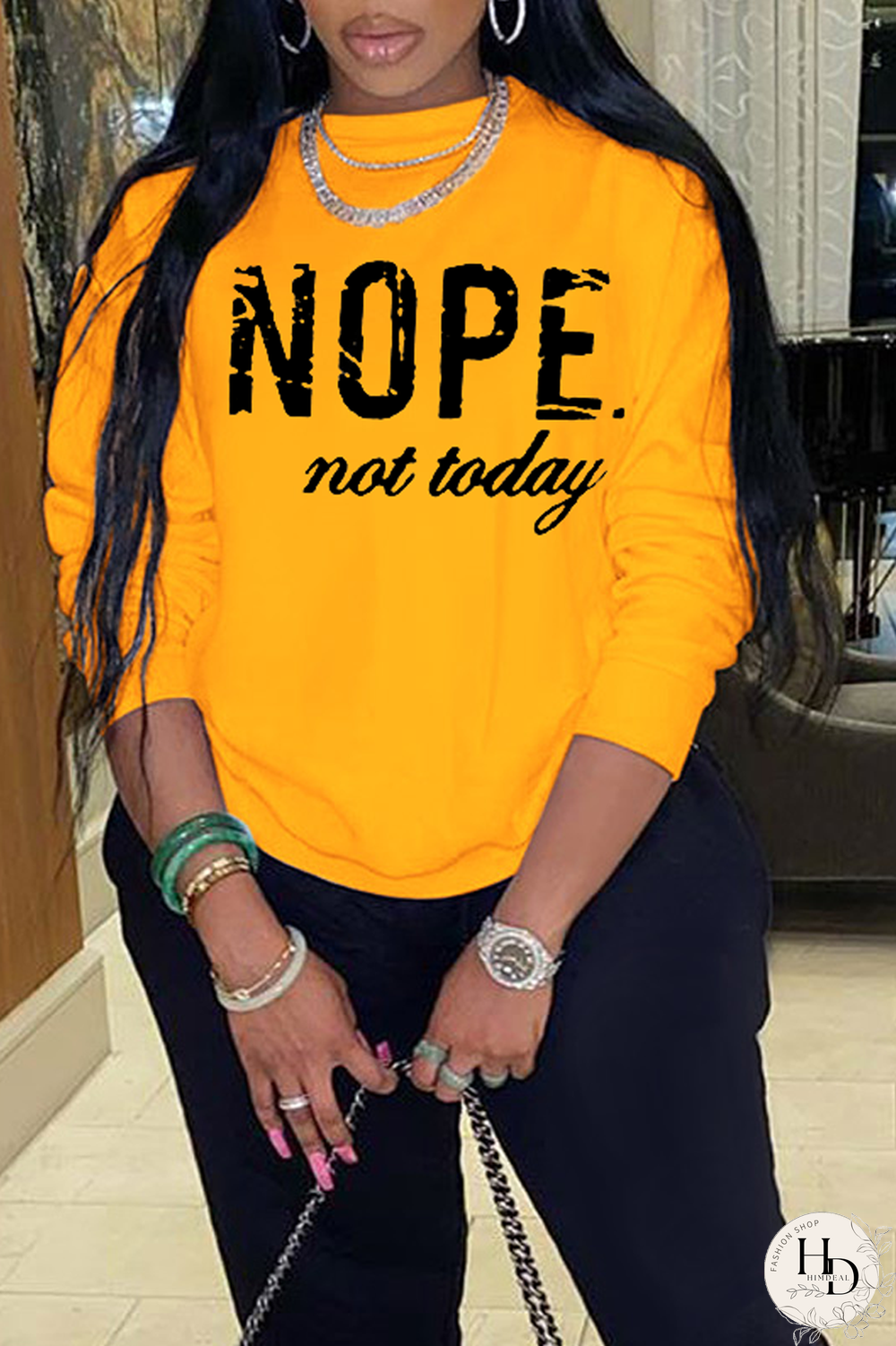 Yellow Fashion Print Letter O Neck Tops