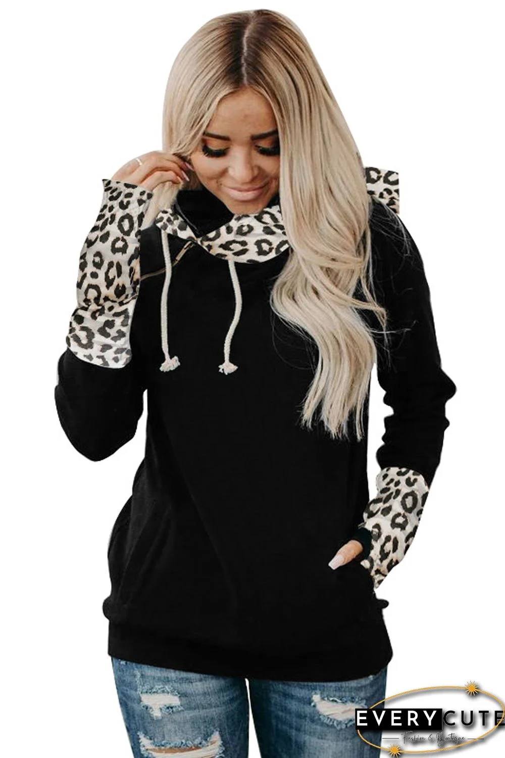 Leopard Double Hoods Thumb Hole Hoodie