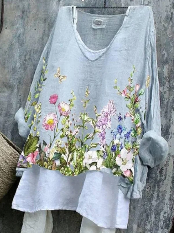 V-Neck Floral Print Casual Loose Fit Long Sleeve Blouse