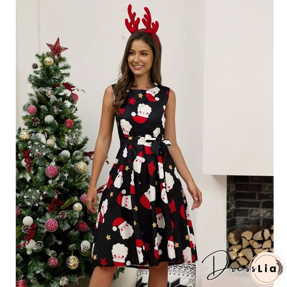 Womens Vintage Sleeveless Santa Christmas 1950s Retro Xmas Evening Prom Swing Dress