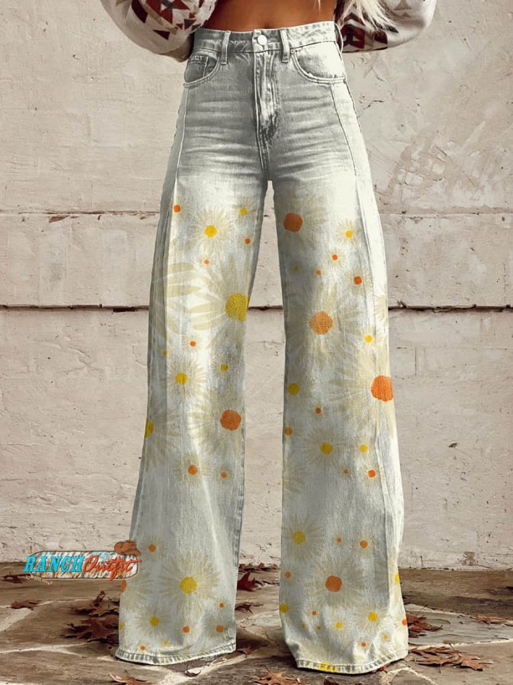 Women’s White Daisy Print Casual Wide Leg Pants Multicolor / S