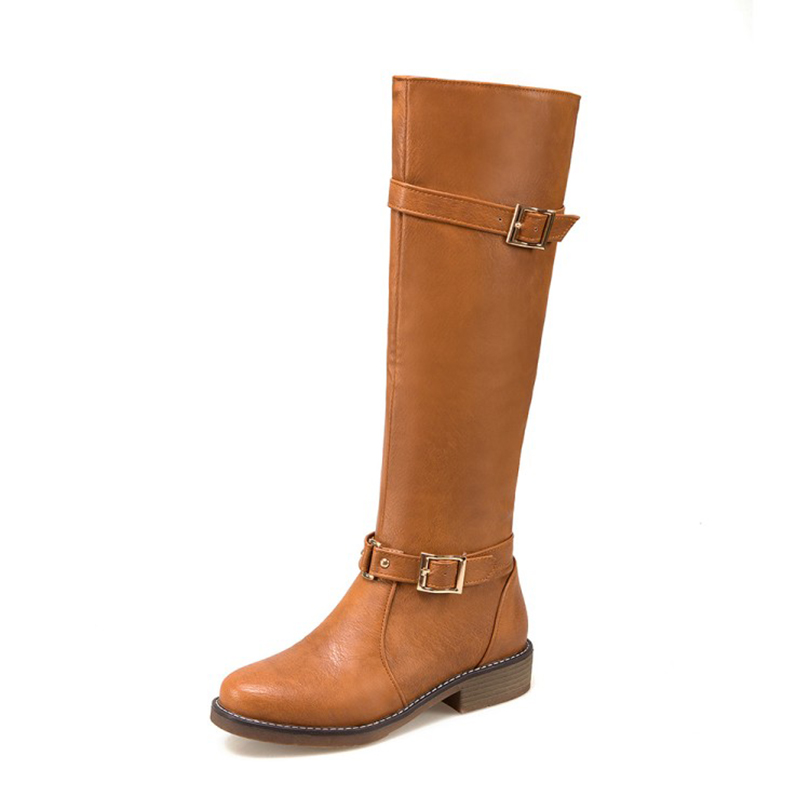 GOOSHOE Double Row Metal Square Buckle Decoration Tan Knee High Boots With Low Heel Zipper Short Plush Lining Women's Boots