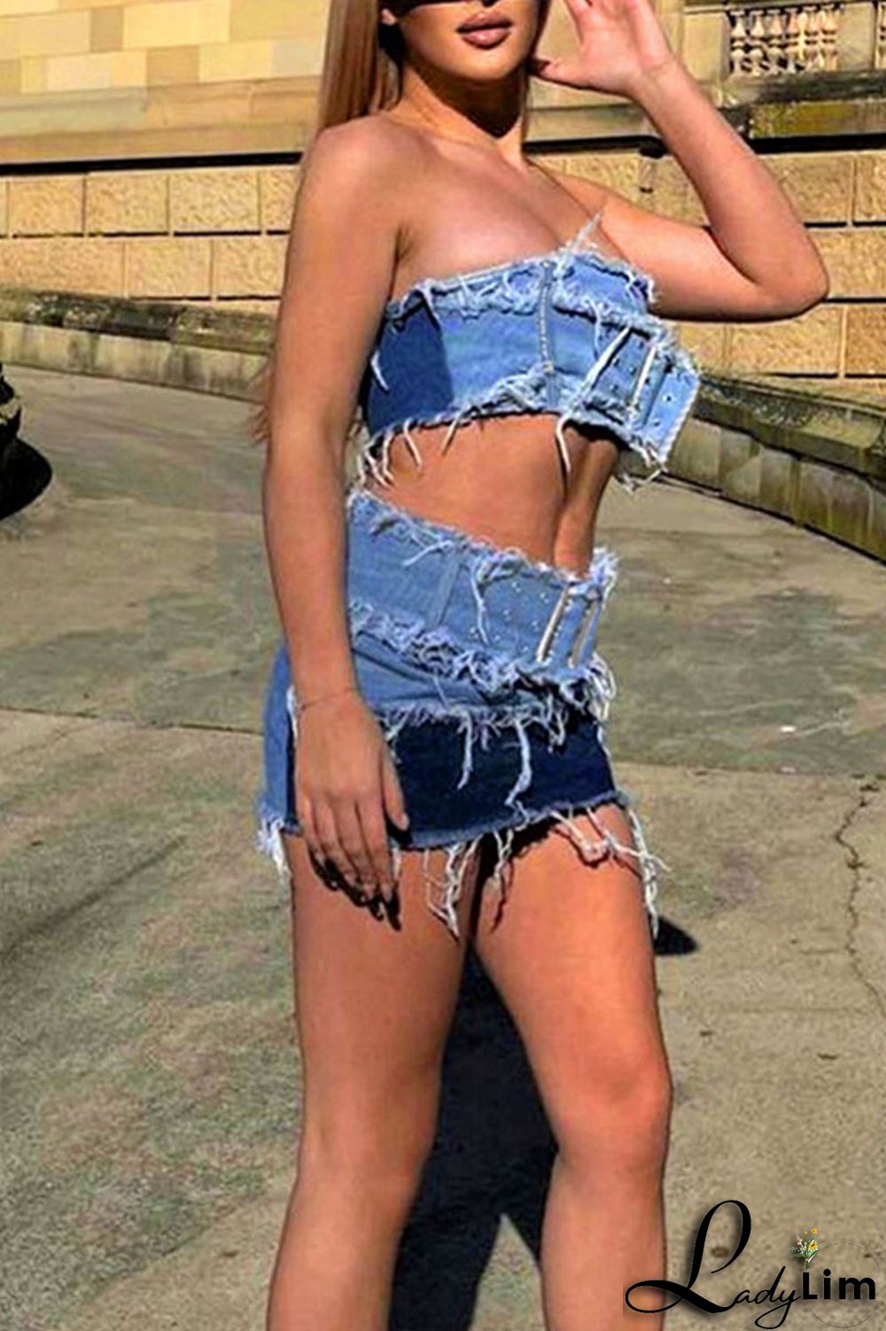 Blue Sexy Street Solid Make Old Patchwork Strapless Sleeveless Two Pieces