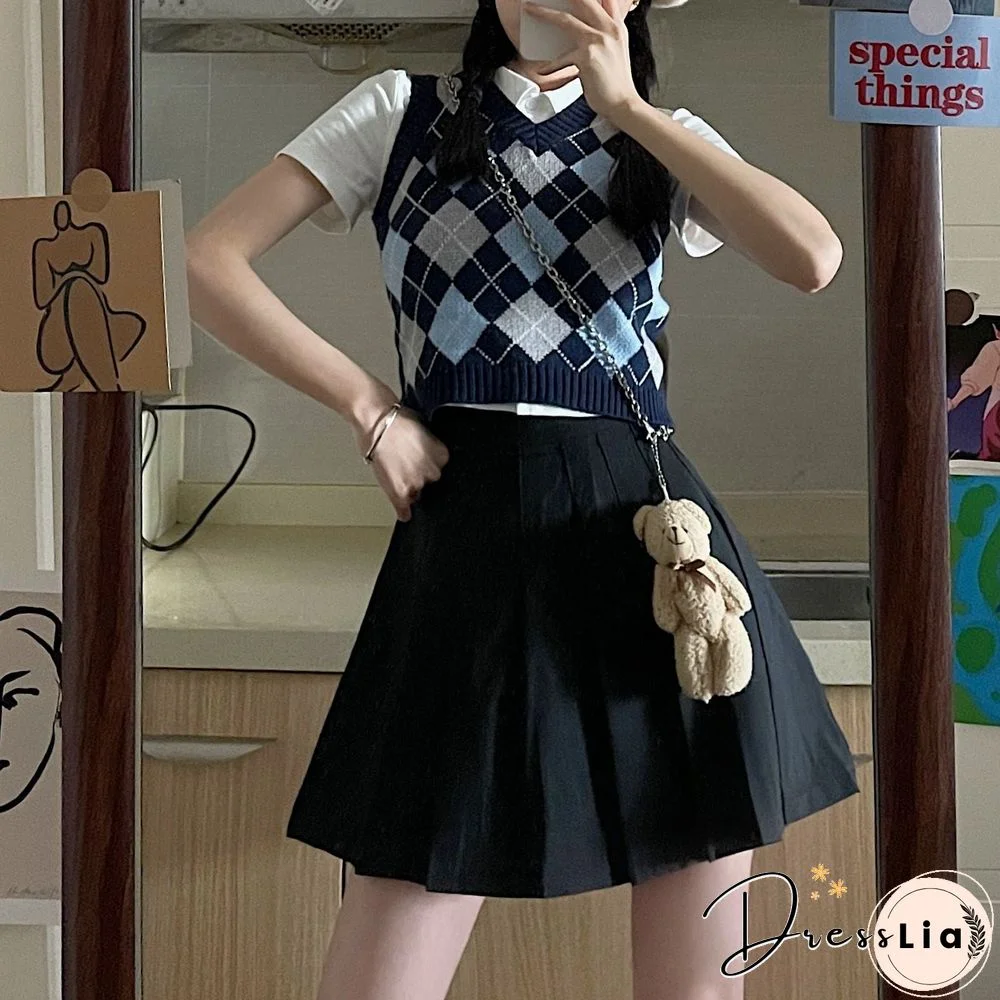 Checkered Cropped Knitted Tank Argyle Sleeveless Jumper